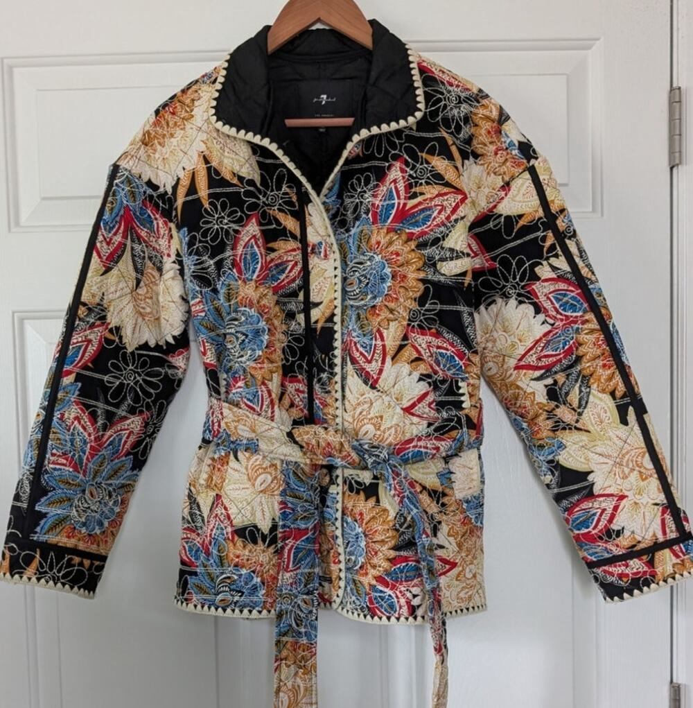 7 For All Mankind Floral Quilted Embroidered Belted Jacket